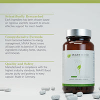 MAAX Boost supplement bottle for men with marketing claims highlighting scientifically researched ingredients, a comprehensive formula with 13 natural compounds, and high-quality production standards in Germany.