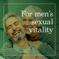 Smiling older couple embracing, representing happiness and connection, with overlaid text reading 'For men's sexual vitality