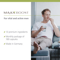 Man relaxing on a couch holding a glass of water, next to MAAX Boost branding and product claims highlighting vitality, 13 premium ingredients, a monthly supply of 180 capsules, and German manufacturing.